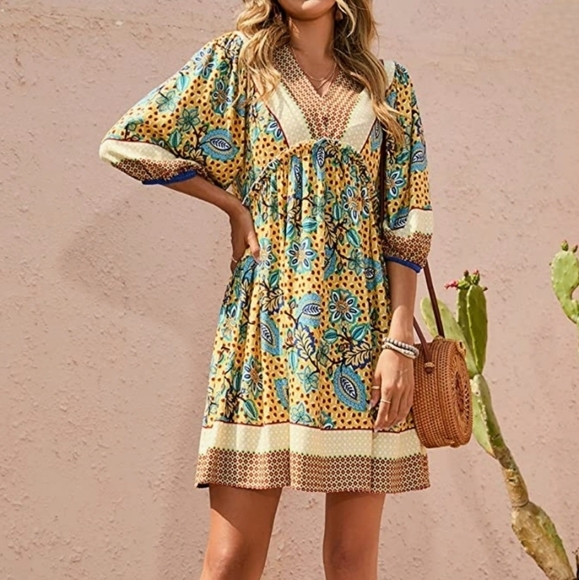 Boho Baybydoll Border Print Dress S - Picture 9 of 10